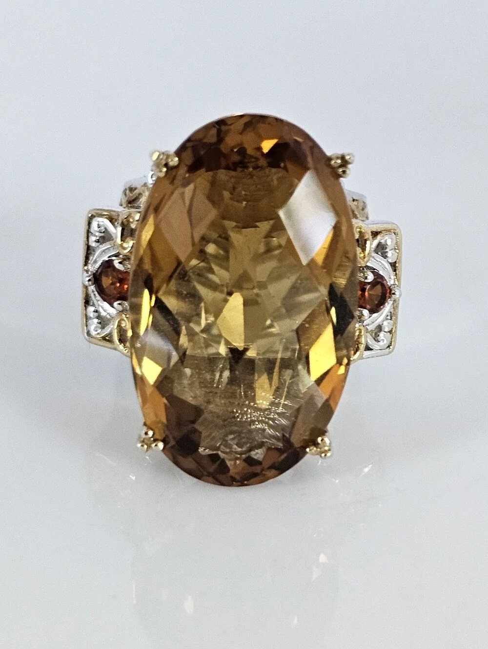 Genuine Huge Oval Citrine & Red Garnet Ring Palladium Sterling Silver 18K Sz 5!